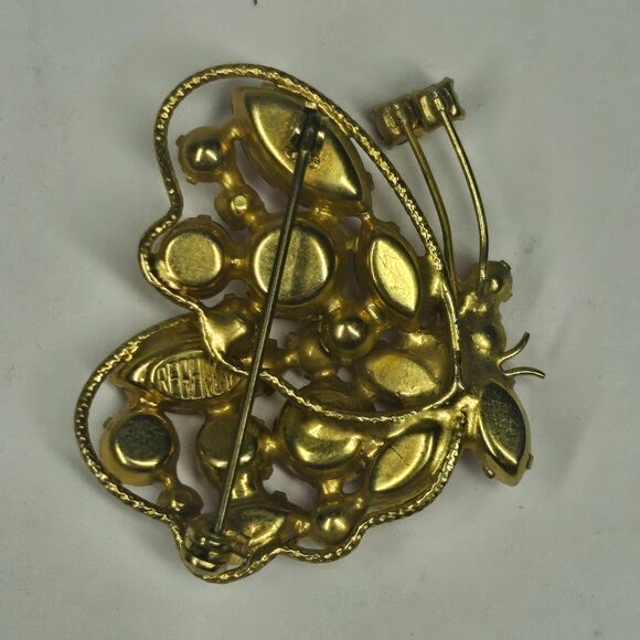 Regency Pink Rhinestone Butterfly Pin w/Matching Earrings Vintage Goldtone - Picture 11 of 16